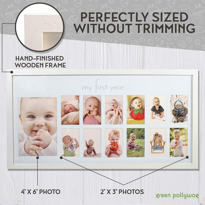 Green Pollywog | Baby's First Year Frame | Collage Frame For Baby In White | 12 Month Picture Frame | Milestone Photos | First Year Picture Mat | My First Year Photographs