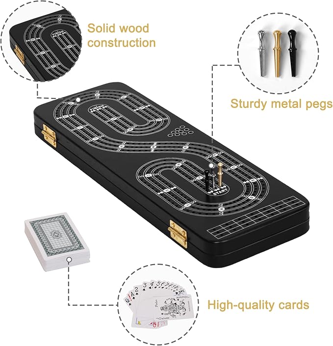 Cribbage Board Game Set 3 Tracks 2 Storage Area with 9 Metal Pegs2 Decks of Playing Cards and Instruction Wooden Travel Portable Cribbage Game Sets