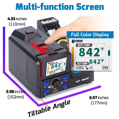 WEP 982D Precision Soldering Station with Automatic Calibration, Tiltable Screen, C245 C210 Compatible Soldering Iron Kit with 2 Spools Lead Free Solder Wire, 6 Soldering Cartridges