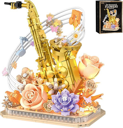 Mini Building Blocks Sets Flower Saxophone - 1000+PCS Musical Instrument Micro Building Bricks Kit Toy - Creative Ideals Collectible Architecture Decoration Gift for Adults(Saxophone Flower)