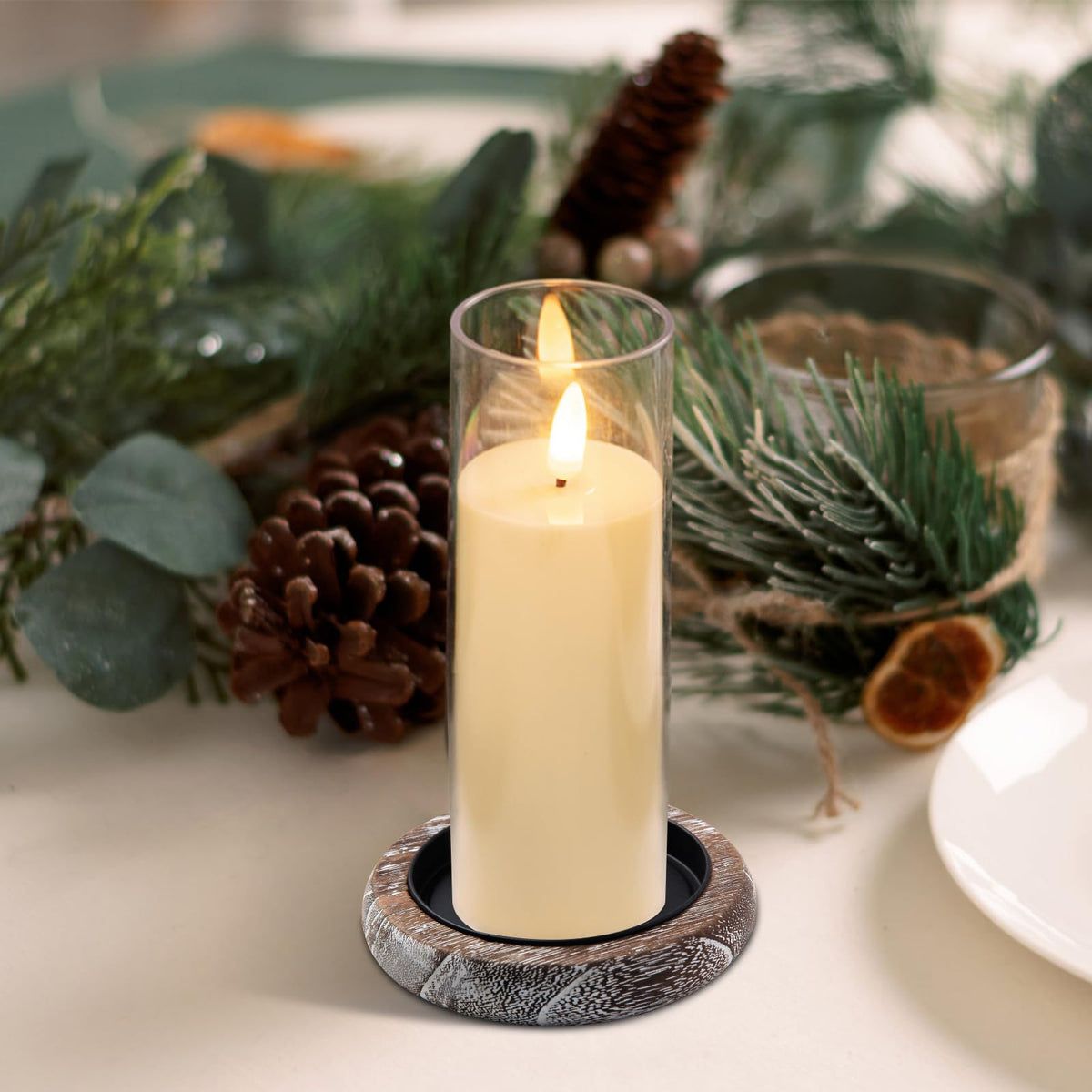 Hatway Wood Candle Holder Farmhouse Decor Wooden Pillar Candles Tray for Table Centerpiece Small Decorative Tray Riser Round Wooden Plate Pedestal Stand for Coffee Table for Christmas Decor-Bai-2