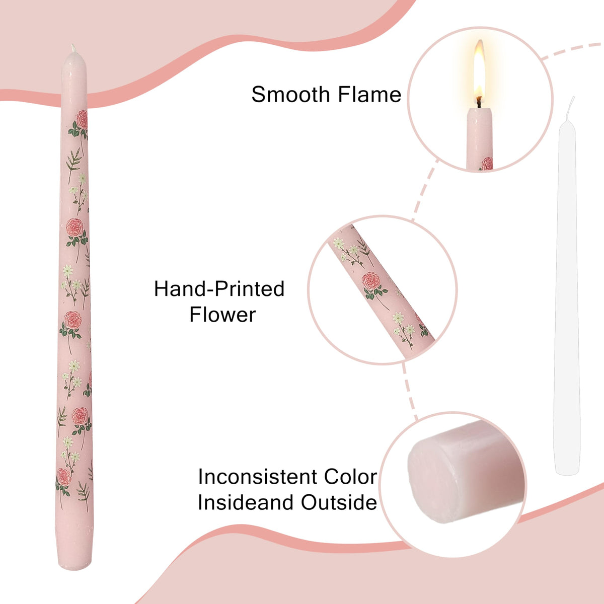 Rose Printed Taper Candle Smokeless- 4 Pack Handmade Pink Taper Candle - Dripless Uncented Candle 10 inches Long Flower Printed Tapered Candles for Mother's Day Home Wedding Restaurant Holiday Decor