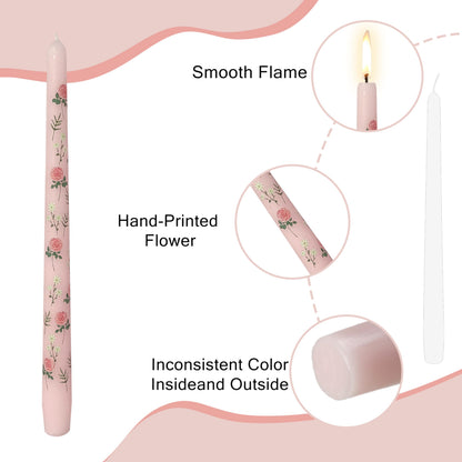 Rose Printed Taper Candle Smokeless- 4 Pack Handmade Pink Taper Candle - Dripless Uncented Candle 10 inches Long Flower Printed Tapered Candles for Mother's Day Home Wedding Restaurant Holiday Decor