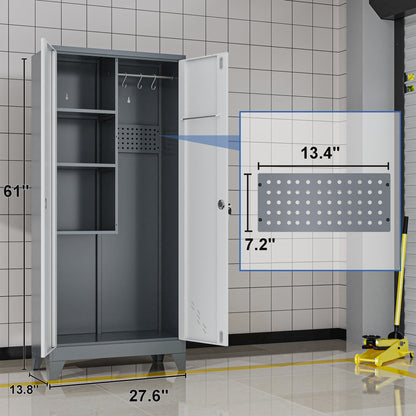 LyAosdFu 61" Metal Storage Cabinet with Lockable Doors, Cleaning Supply Cabinet with Pegboard and Hanging Rod. Garage Tool Storage Cabinets for Home, Laundry, Office, Home Kitchen Utility Cabinet
