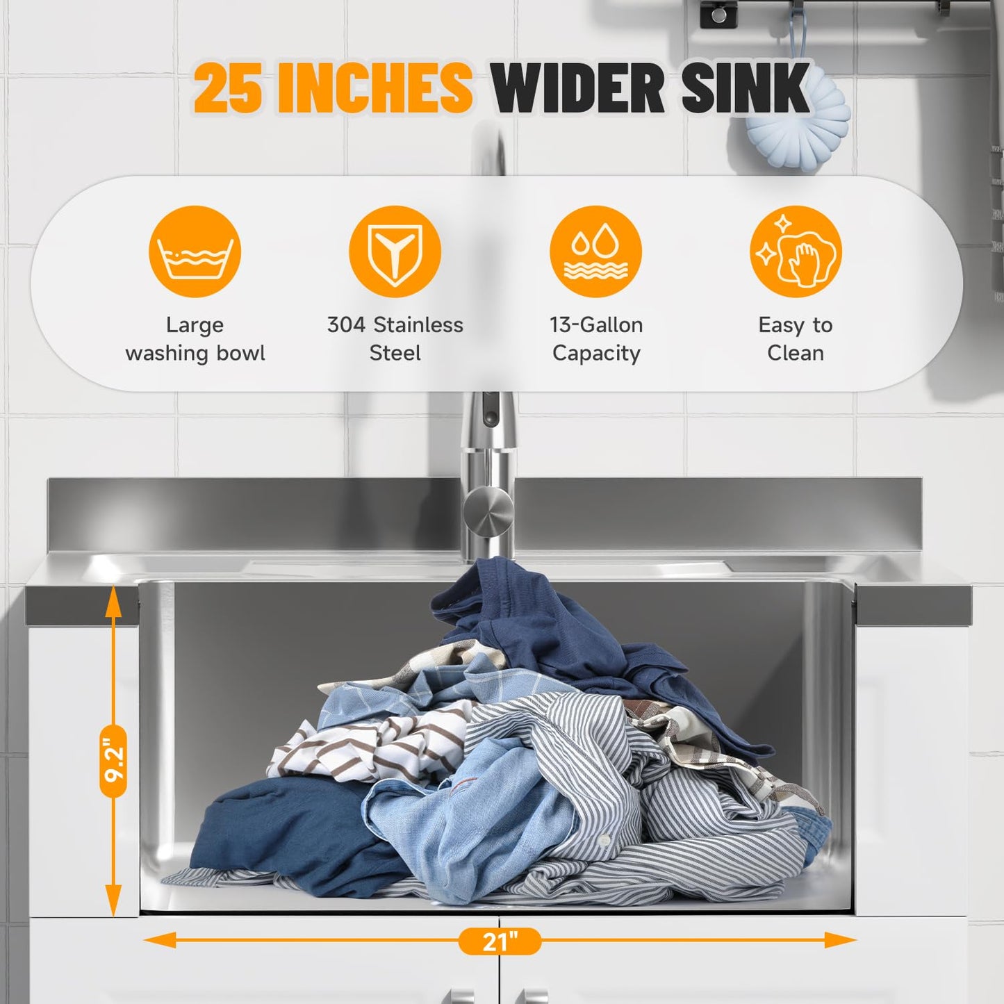 StructoMax Laundry Sink with Cabinet, Full Body Durable Stainless Steel, 25-Inch Wider Stainless Steel Utility Sink, Multi-Use for Laundry, Kitchen, Bathroom, Garage