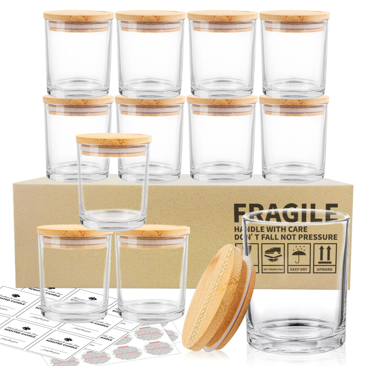 SUPMIND 12 Pack Glass Candle Jars-10oz Clear Empty Candle Jars with Bamboo Lids and Sticky Labels, Bulk Candle Jars for Making Candles Containers - Dishwasher Safe