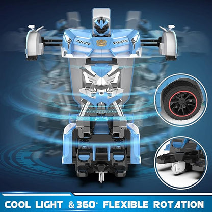 FDJ RC Cars - Transform Remote Control Car 2.4Ghz 1:18 Scale Transforming Police Car Toy with Flashing Light One Button Deformation 360 Degree Rotating Drifting Kids Toys Car for Boys Girls