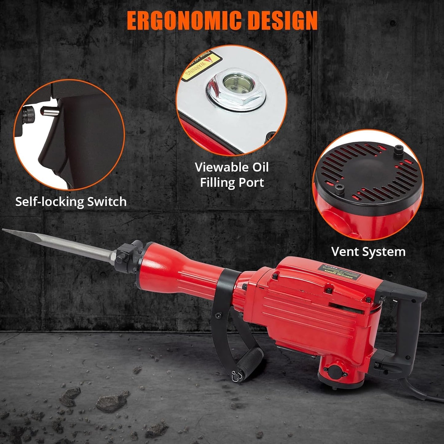 Demolition Jack Hammer 2200W 4PCS Chisels Bit Set W/Case, Demolition Jack Hammer Tool Kit, Noise-Canceling Earplug, Shoulder Strap
