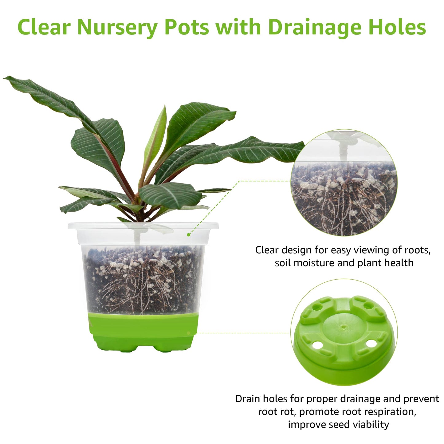 MIXC 30 Packs 4" Reinforced Clear Nursery Pots with Silicone Base for Easy Transplant, Transparent Plastic Plant Pot Reusable Seedling Pots Seed Starter Pots Flower Pot, Green