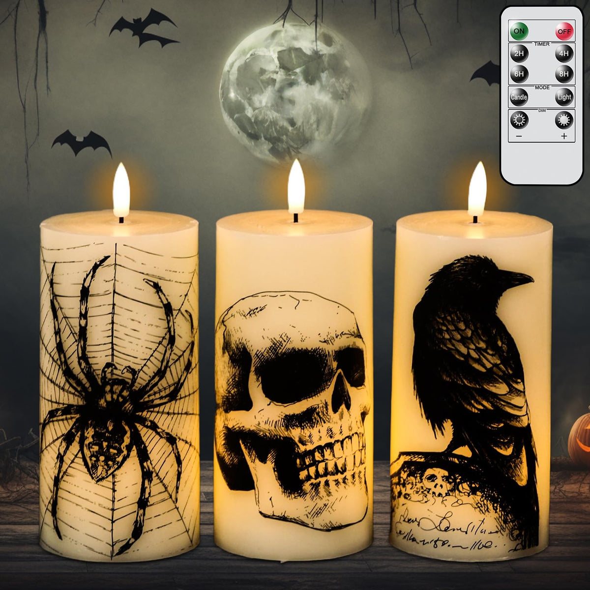 DRomance Halloween Flameless Candles Battery Operated with Remote and Timer, Real Wax 3D Wick LED Flickering Pillar Candles Skull Crow Spider Web Decals Dinner Halloween Decor(3 Pack, 3" D x 6" H)