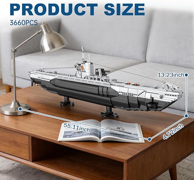 Reobrix U-Boat Submarine Building Set for Adults 3660Pcs Military Warship Model Kit with Stand WWII Collectible Battleship Display with Interior Details Creative Gift for Military Fans 14+