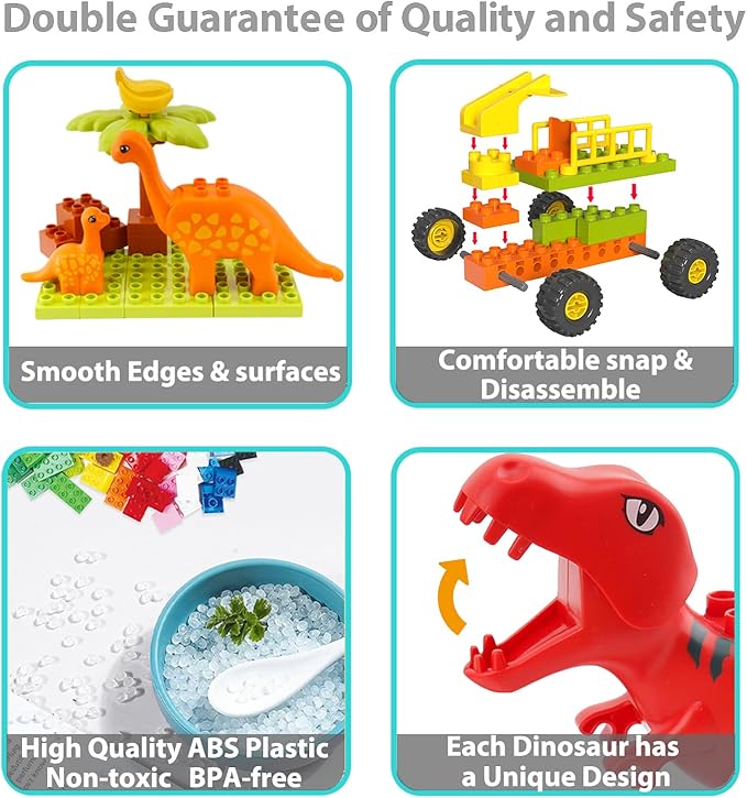 Building Blocks for Toddlers 3-5 Dinosaur Toys- Dinosaurs Car Build Learn and Play Educational Interactive Creative DIY Toy Compatible with All Major Brands Gift for Kids Boys Girls
