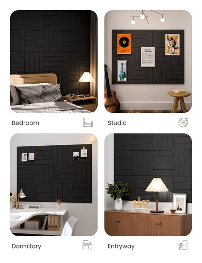 Fluxynara Felt Bulletin Board Tiles Large 48" x 36" Cork Board Alternative-12 Pack with 70 Adhesive Tabs, Thick Slat Wall Panels for Office Decor, Push Pin Board Wall Organizer Alternative -Black