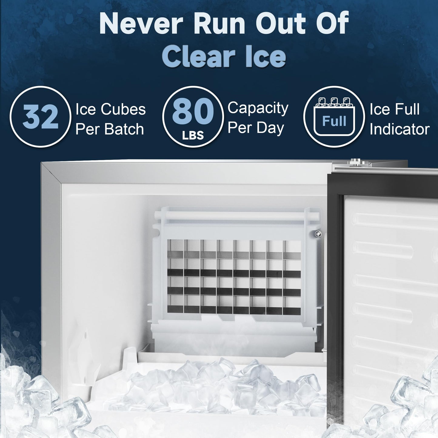 Coolski Under Counter Ice Maker Machine, Stainless Steel Built-in Freestanding Ice Maker for Commercial & Home Use, 80 Lbs/Day, 30 Lbs Storage, Self Cleaning, Thicknesses Adjustable