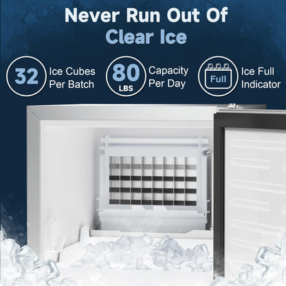 Coolski Under Counter Ice Maker Machine, Stainless Steel Built-in Freestanding Ice Maker for Commercial & Home Use, 80 Lbs/Day, 30 Lbs Storage, Self Cleaning, Thicknesses Adjustable