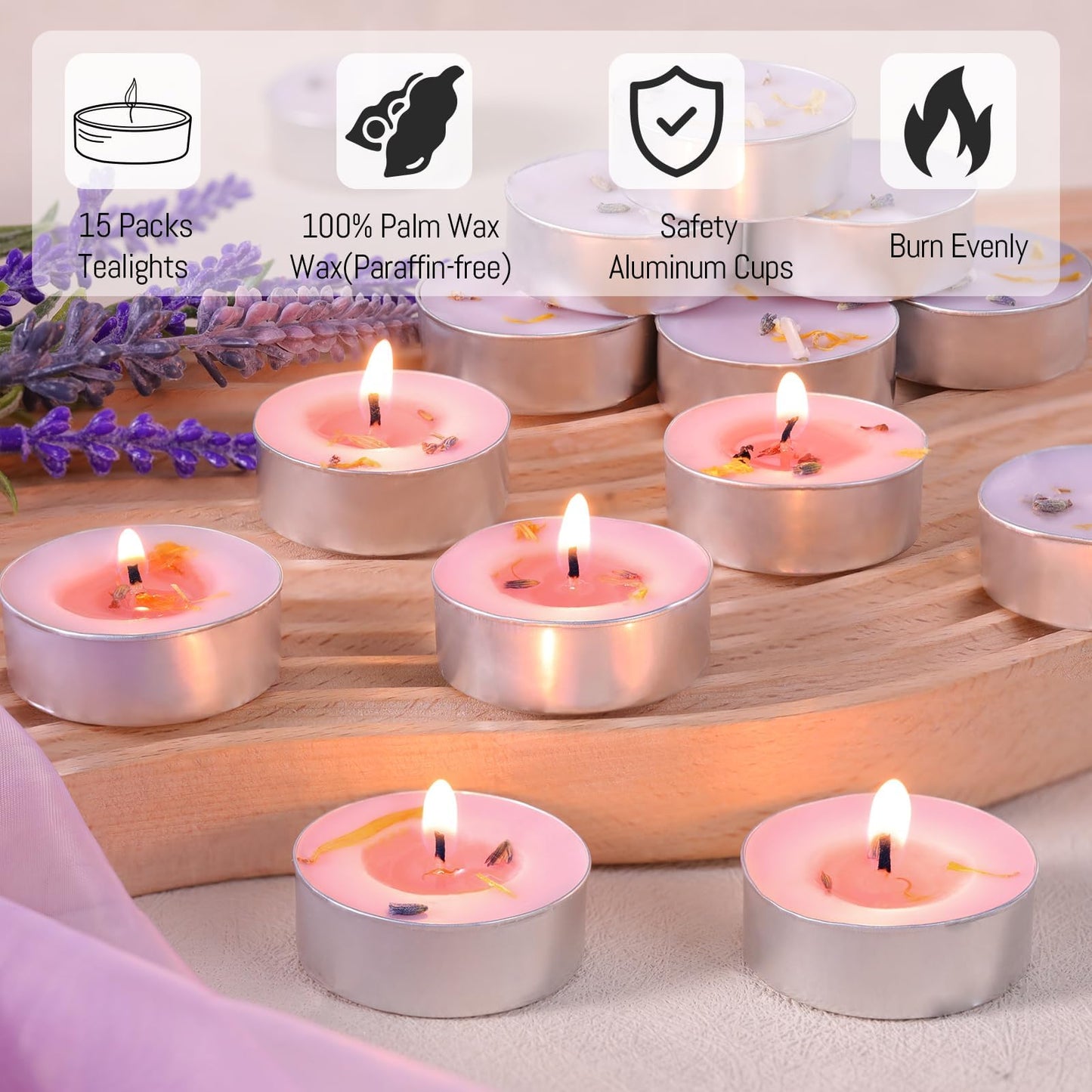 HAVITI 15 Pcs Lavender Scented Tealight Candles, Tea Lights Candles, 4H Smokeless Palm Wax Purple Tea Candle for Weddings,Christmas,Spa, Bath