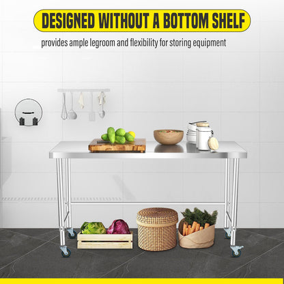 GarveeTech Stainless Steel Table Without Bottom Shelf 60x24 in with Wheels, Commercial Home Kitchen Prep Work Table with Open Base