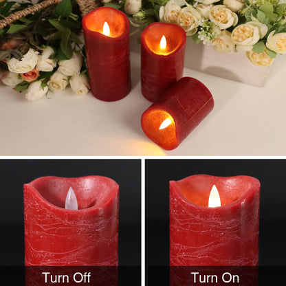 7LinRay Burgundy Flameless Candles with Remote, Real Wax Battery Operated LED Candles, Flickering Flameless Pillar Candles for Wedding, Festival, Set of 3