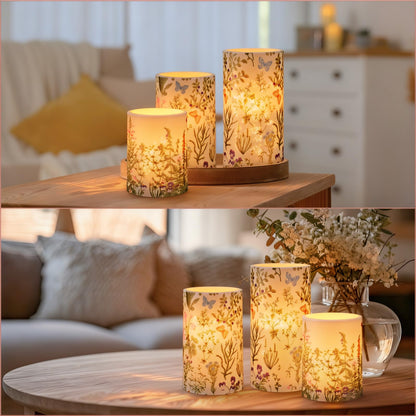 Baquler Wildflowers Floral Glass Flameless Candles with Remote Timer Battery Operated LED Flickering Pillar Spring Summer Butterfly Dinner Holiday Decor