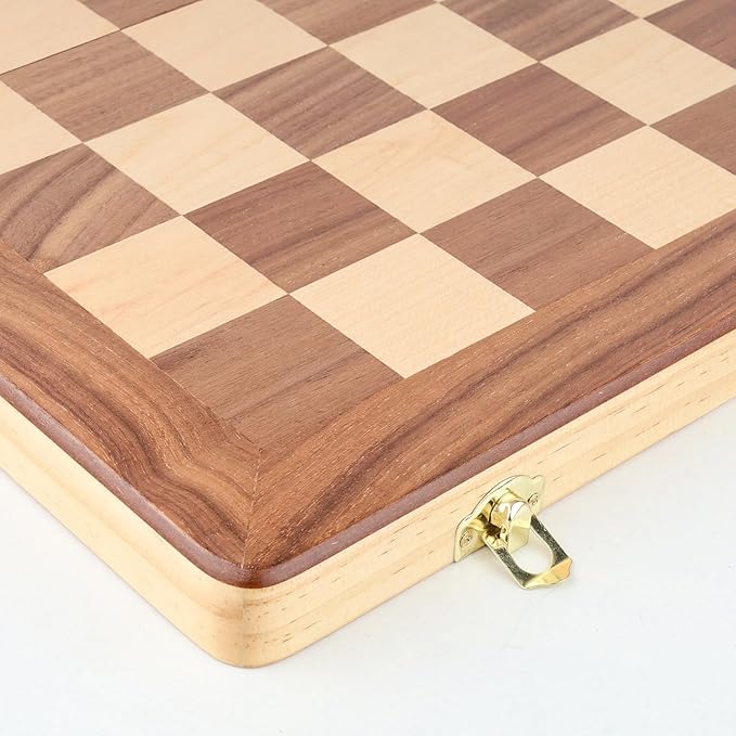 15 Inch Magnetic Wooden Chess Game Set Classic Folding Board Games with Felted Game Board Interior for Storage 2 Extra Queens Pieces Storage Slots