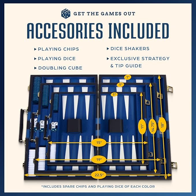 Get The Games Out Top Backgammon Set - Classic Board Game Case - Best Strategy &amp Tip Guide - Available in Small Medium and Large Sizes (Blue Large)