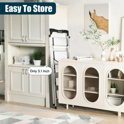 Valeo Aluminium 5 Step Ladder with Retractable Handgrip,Anti-Slip Pedal,330 lbs Capacity,Folding Step Stool for Kitchen, Garage, Home, Space Saving, Sturdy and Portable, Silver