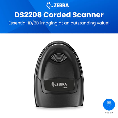 Zebra DS2208 Handheld Barcode Scanner w/Stand | 1D 2D QR Code Scanner |Easy Setup | Corded with Shielded USB Cable