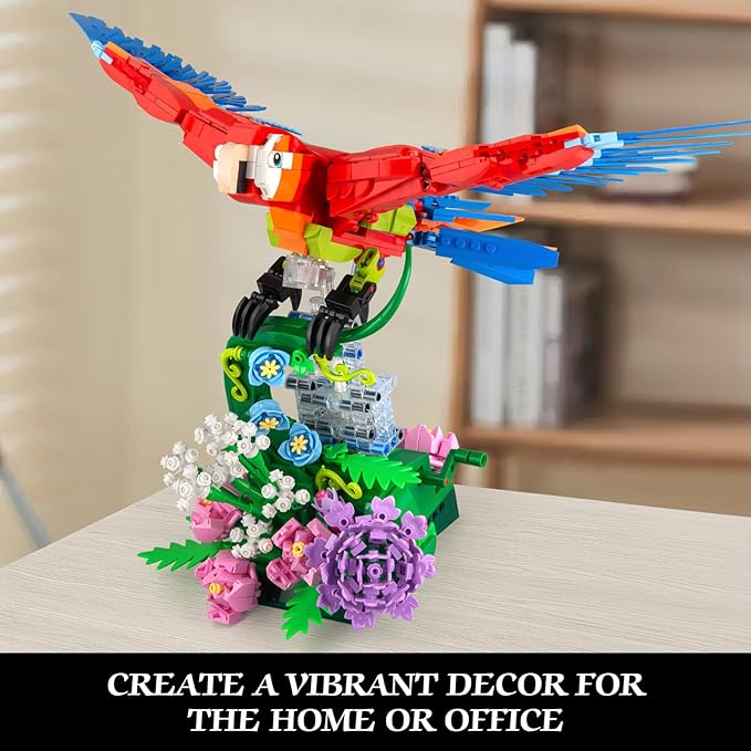 Parrot Floral Building Set MOC Flower and Parrot Collectible Table Art Kit Creator 2 in 1 Animals Bird Ideas Gifts Toys for Adults and Teens Age 14+ (1176 PCS)
