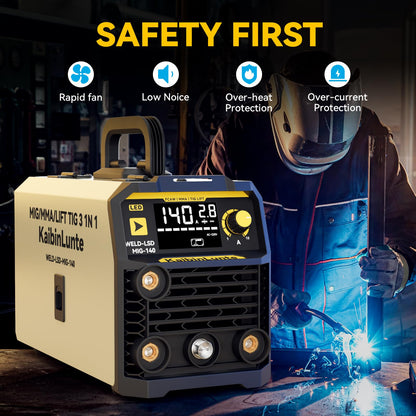 140A MIG Welder,Gasless/Lift TIG/MMA 3 in 1 Multi-process Synergic Control Welding Machine LED Digital Display 110V/220V Dual Voltage