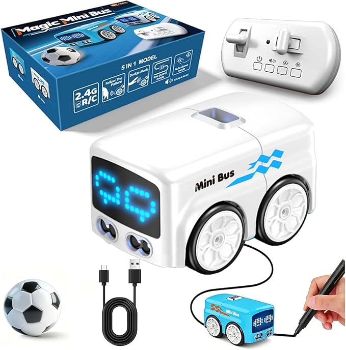 Magic Mini Bus Follows Line Car Inductive Mini Interactive Cars Follows The Line Intelligent Line Tracking System with Dynamic LED Expressions Educational STEM (White)