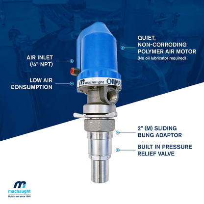 Macnaught Ratio 5:1 Air Operated Pneumatic Oil Transfer Pump. Engine and gear oils up to SAE140, auto trans, hydraulic fluid and anti-freeze/anti-boil (NOT for Gasoline or Diesel)