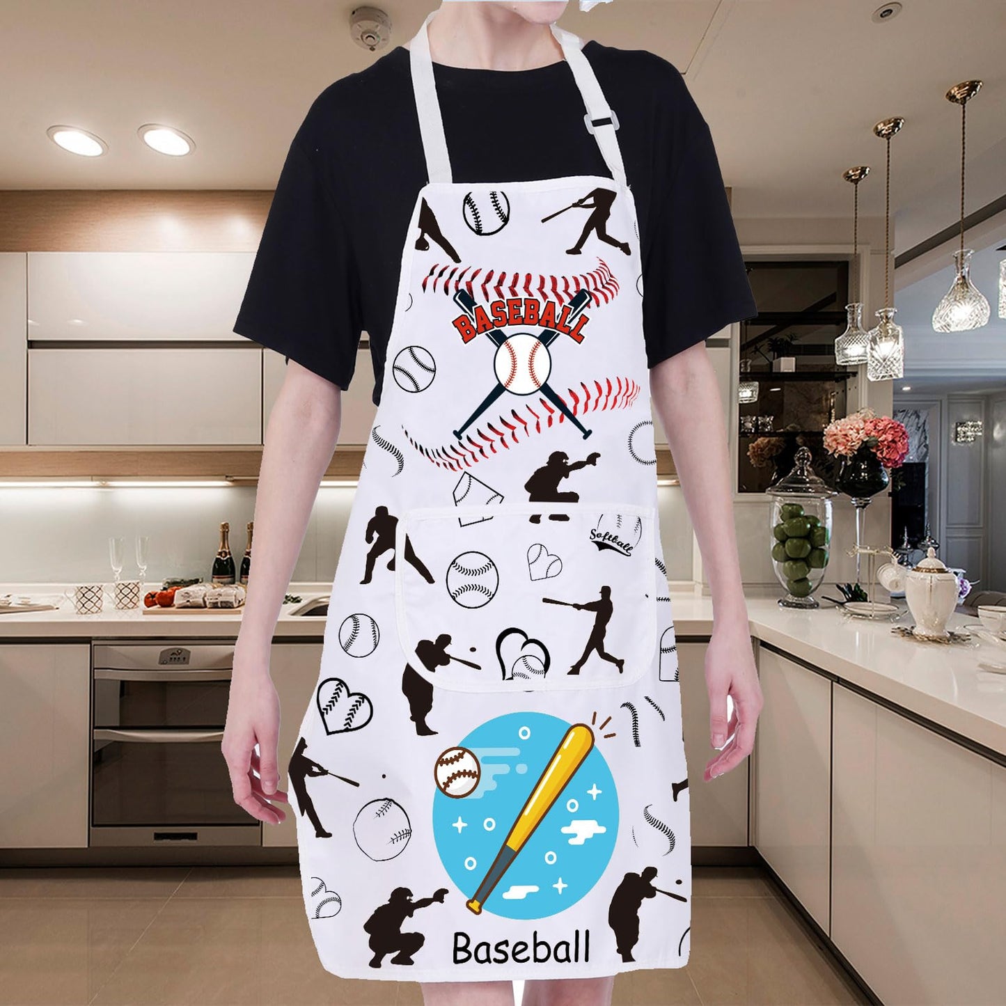 FUSTMW Baseball Apron with Pockets Baseball Gifts for Baseball Lovers Apron Baseball Cooking Kitchen Baking Chef BBQ Apron (Baseball Apron)