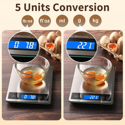 BakFee Food Scale, 33lb Digital Kitchen Scale with Stainless Steel & Tempered Glass, USB Rechargeable, 1g/0.05oz Precise Weighing, Splash-Resistant and Sturdy Surface, for Cooking, Baking, Weight Loss