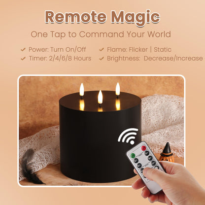 Girimax 3 Wick Flameless Pillar Candle with Remote, 6x6 inch Large Black LED Candle Battery Operated Flickering
