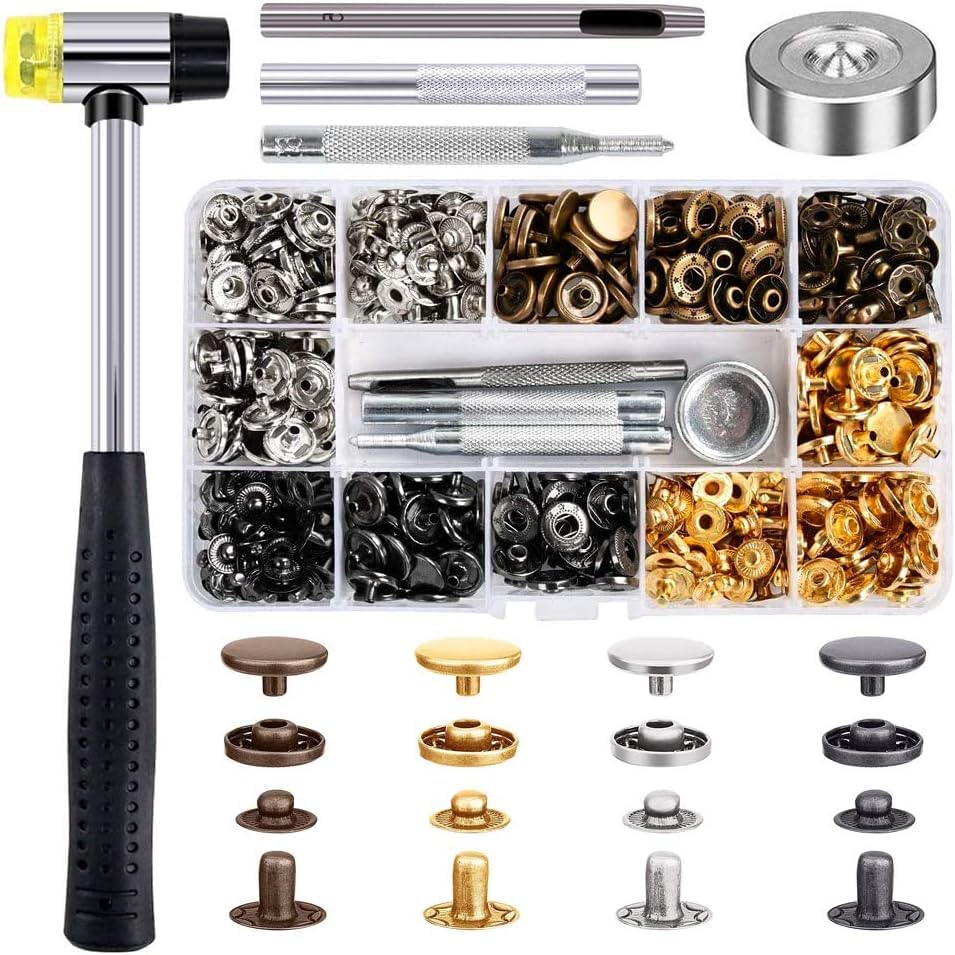 Qfun 120 Set Snap Fasteners Kit for Leather 12mm Metal Button Snaps Press Studs with 4 Setter Tools, 1 Hammer, 4 Color Leather Snaps for Clothes, Jackets, Jeans Wears, Bracelets, Bags