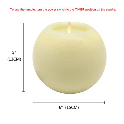 CVHOMEDECO. Moon Sphere Wax LED Dancing Flame Candle Ball Battery Operated Wax LED Flameless Candle with Timer and Remote Control, Dia. 6 X H 5 Inch, Cream