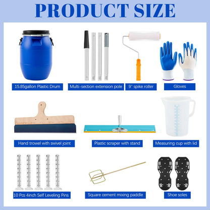 Leriton 20 Pcs Self Leveling Cement Tools Kit, 15.8 Gallon Mixing Barrel with Lid and Handles, 9'' Epoxy Roller, Shoes Spikes, Mixer Rod, Measuring Cup with Lid, Scraper, Epoxy Floor Leveling Kit
