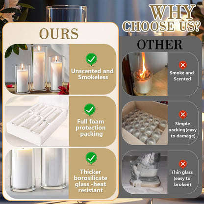 72 PCS White Pillar Candles with Glass Candle Holders Clear Hurricane Candle Holders Glass Cylinder Vases for Centerpieces Wedding Party, Event, Home Office (36 Candles+36 Candle Hoders)