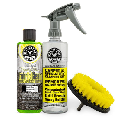 Chemical Guys Foaming Citrus Fabric Clean Drill Brush Kit - High Foaming Stain and Odor Remover, Upholstery, Floor Mat & Car Carpet Cleaner, Deep Cleans & Deodorizes, Citrus Scent - 16 fl oz
