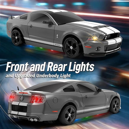 YONCHER RC Drift Car Remote Control Car for Kids Ford Mustang Shelby GT500 Officially Licensed 1:24 20KM/H 4WD with Lights Fast Racing Toy Car for Boys Girls Gray