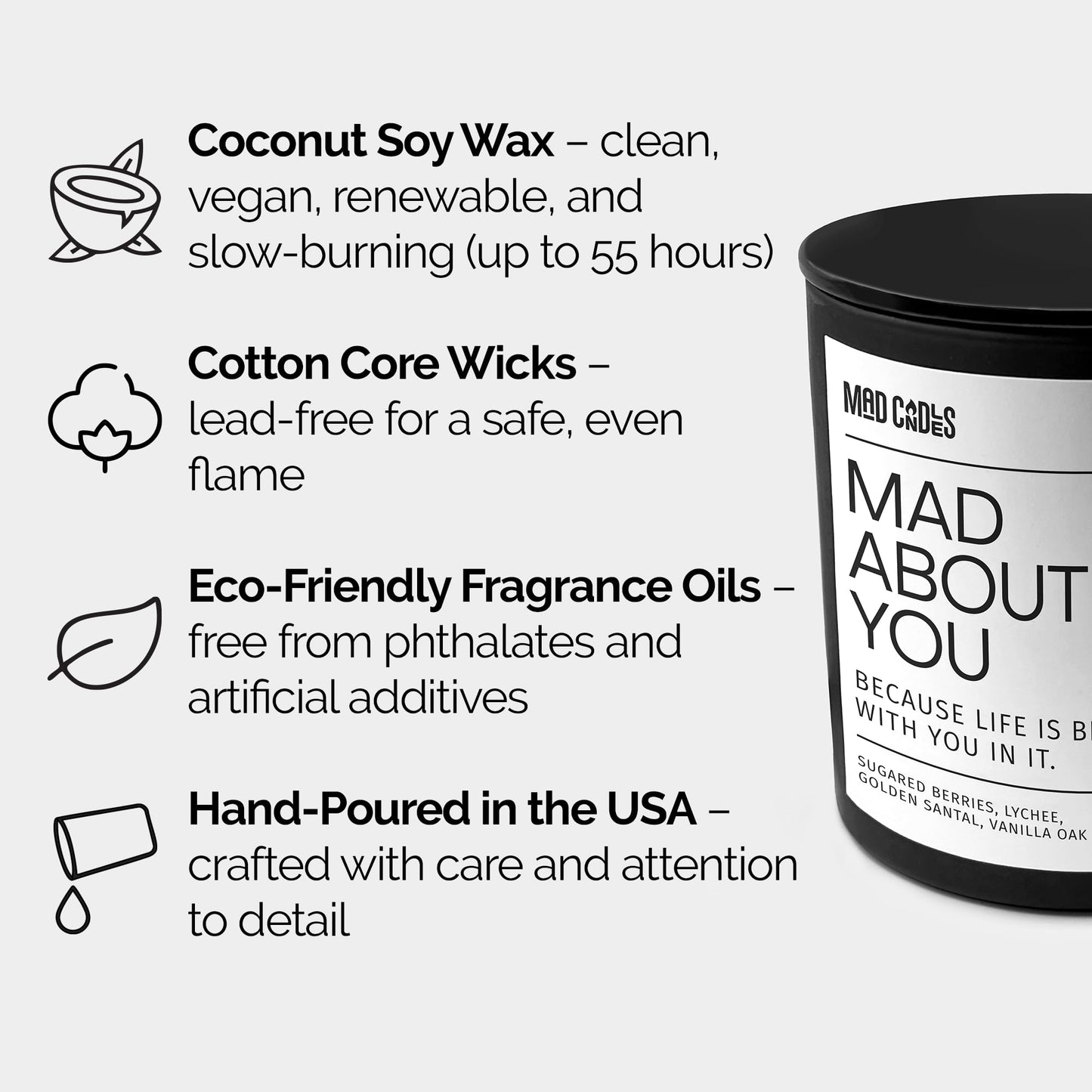 Mad Candles – Mad About You | Luxury Scented Candle for Bedroom & Living Room Décor | 9.5oz Coconut Soy Wax | Non Toxic | Long Burn Candle Jar for Home Fragrance & Valentine's Day Gift