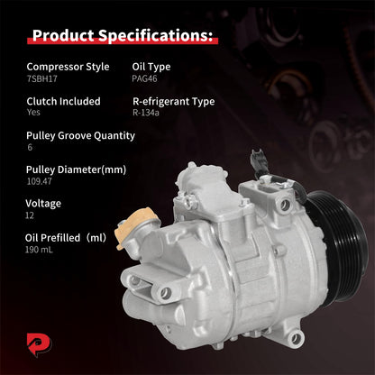PHOBOOS A/C Compressor with Clutch Compatible with Ford Explorer, Flex, Taurus, Police Interceptor & Lincoln Continental, MKS, MKZ, MKT 2013-2020, 3.5/3.7L, Fast Cooling, Low Noise, Ref.198358