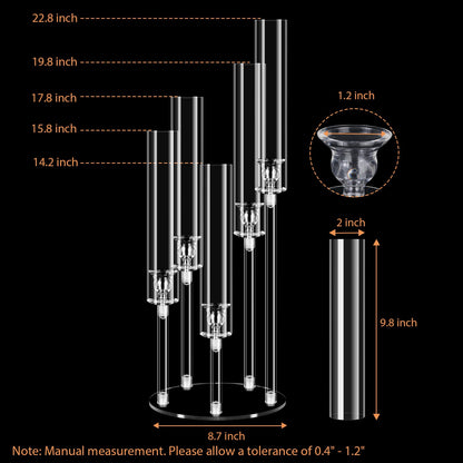 6 Sets 5 Arms Acrylic Candelabra Centerpieces for Tables,Clear Candle Holder for Wedding,Ceremony Dinner Party, 22.8" Tall Candlestick Holders with Lampshade,Fit LED Candle