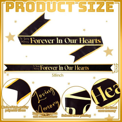 Fanfanwin Funeral Sash - Memorial Wreath Ribbon for Celebration of Life | 58x4'' Black Gold, Forever in Our Hearts