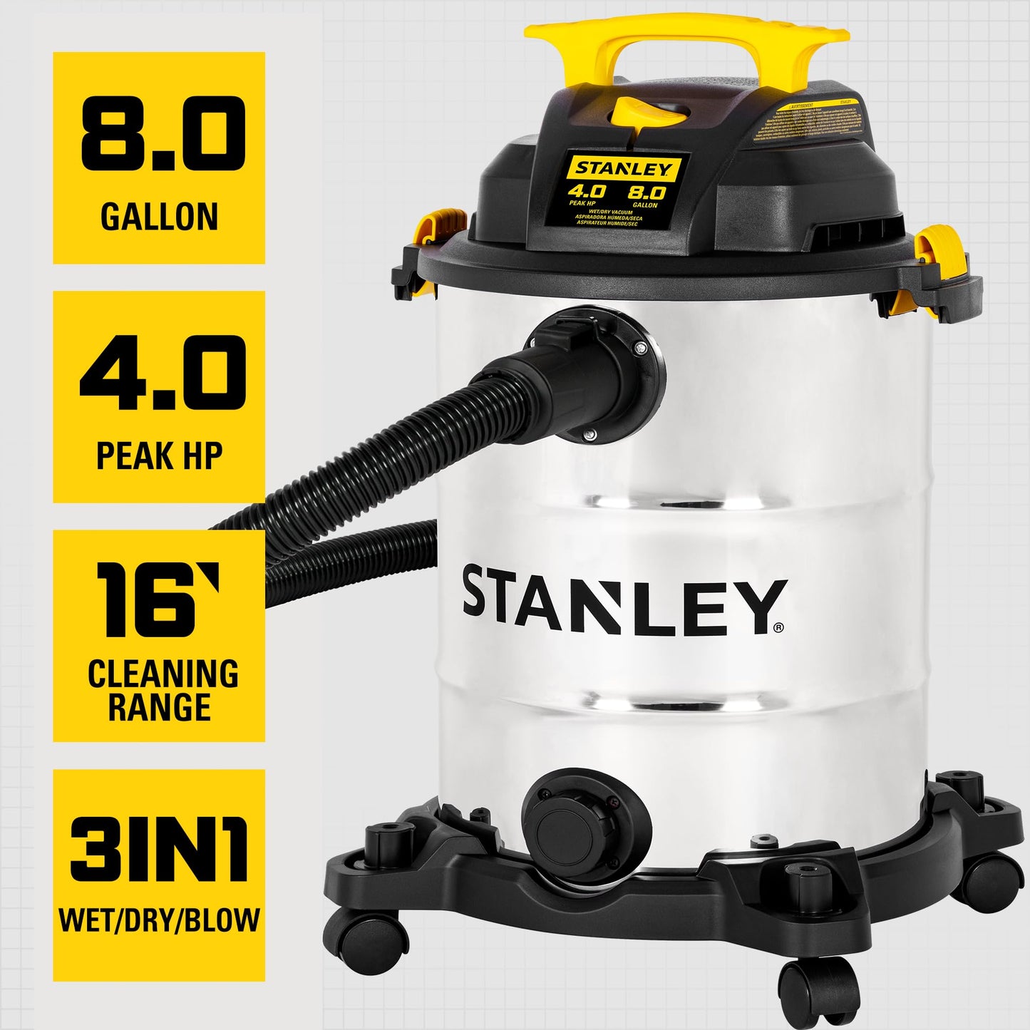 STANLEY 8 Gallon Wet Dry Vacuum, 4 Peak HP Portable Shop Vacuum with Drain Port & Blower, Industrial Wet Dry Vacuum Cleaner, Stainless Steel Tank for Garage, Workshop, Car Detailing, Jobsite, SL18117