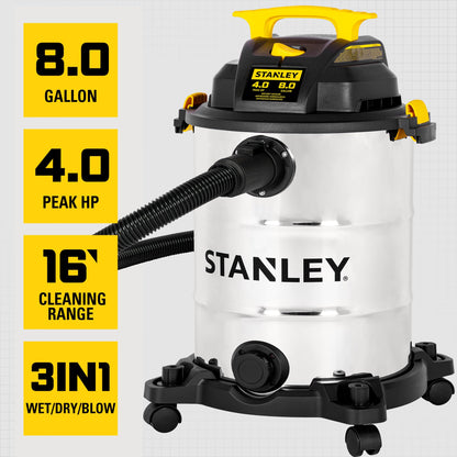 STANLEY 8 Gallon Wet Dry Vacuum, 4 Peak HP Portable Shop Vacuum with Drain Port & Blower, Industrial Wet Dry Vacuum Cleaner, Stainless Steel Tank for Garage, Workshop, Car Detailing, Jobsite, SL18117