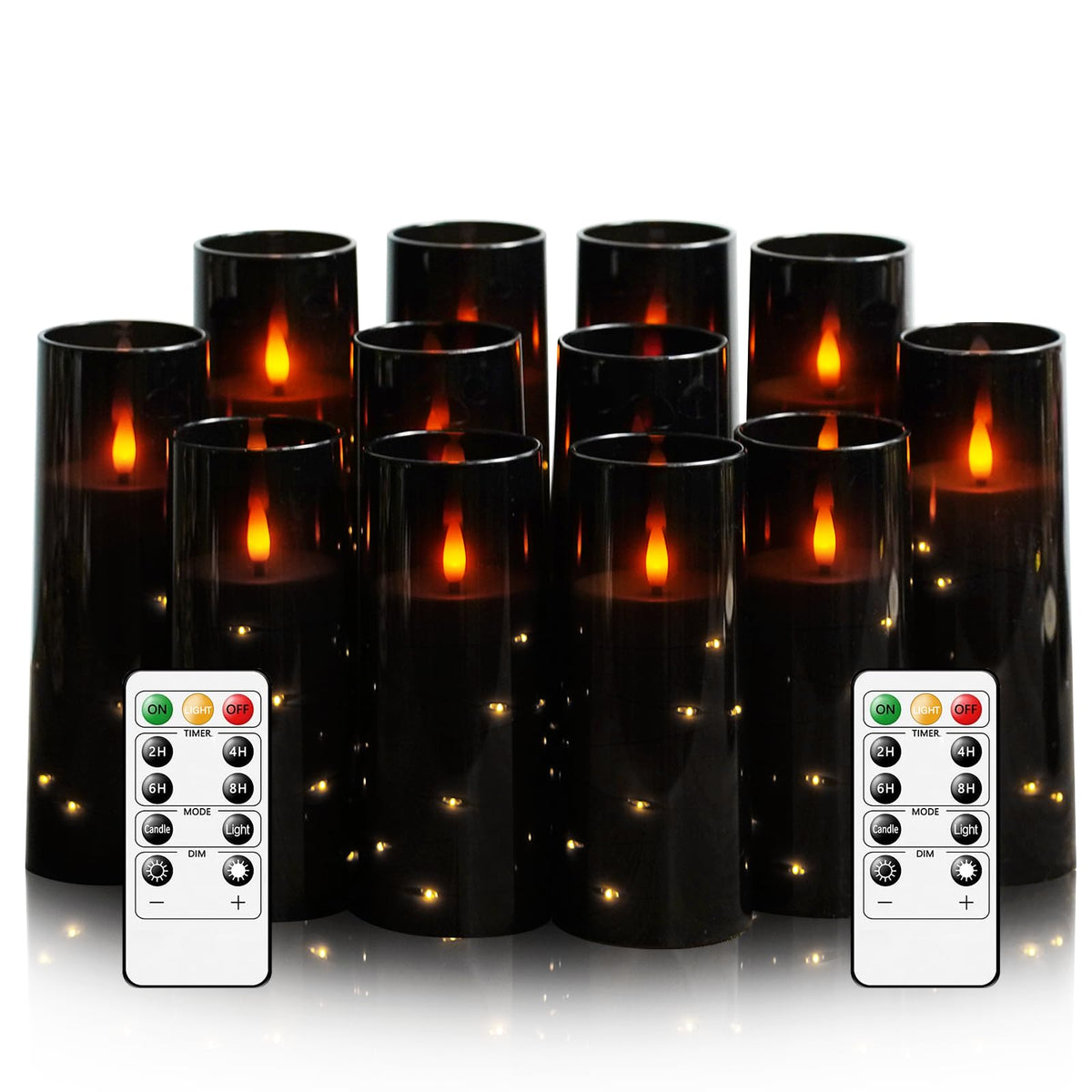 Sasigeiaa Flameless Candles with Embedded Star String - Battery Operated LED Candles, with Remote,12 Black Flickering Candles for Christmas, Weddings, Home Decor & Party,(D 2.3"×H 5" 6" 7")