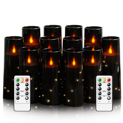 Sasigeiaa Flameless Candles with Embedded Star String - Battery Operated LED Candles, with Remote,12 Black Flickering Candles for Christmas, Weddings, Home Decor & Party,(D 2.3"×H 5" 6" 7")