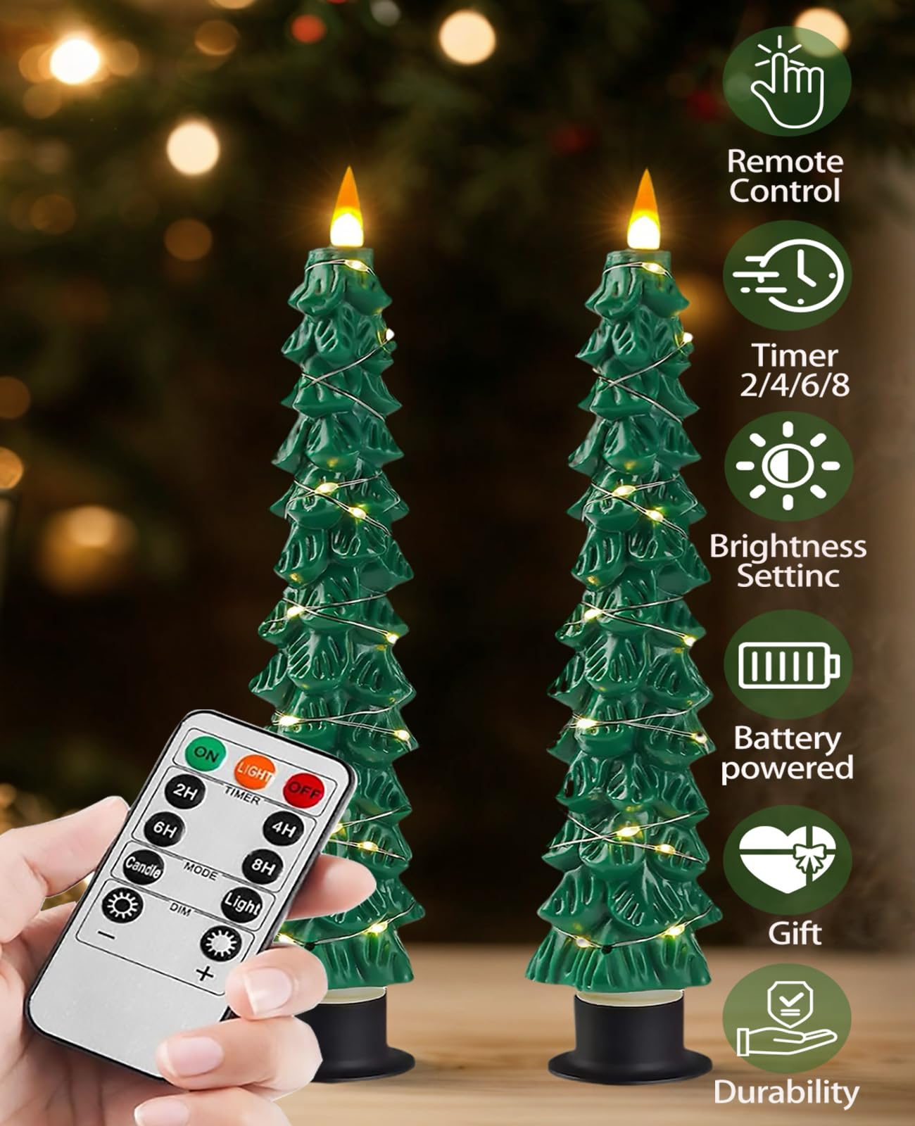 Fanzir Xmas Tree LED Flameless Taper Candles with Remote Control Timer 9.5‘’ Battery Operated Candle with String Lights 2Pcs for Christmas Gift or Special Festivals Decorations