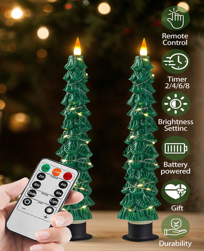 Fanzir Xmas Tree LED Flameless Taper Candles with Remote Control Timer 9.5‘’ Battery Operated Candle with String Lights 2Pcs for Christmas Gift or Special Festivals Decorations